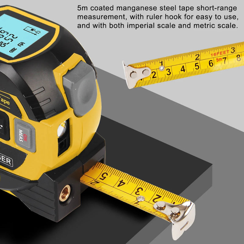 Trena - Telêmetro a laser com luz de fundo, fita métrica, display LCD, dispositivo de medição, medidor de distância, 5m, 3 em 1