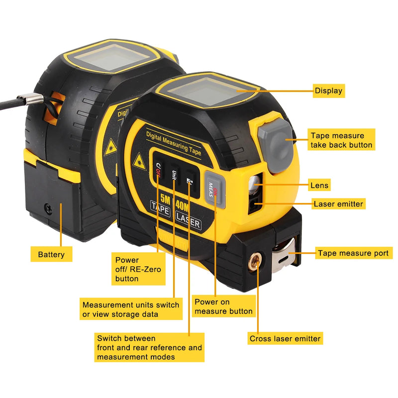 Trena - Telêmetro a laser com luz de fundo, fita métrica, display LCD, dispositivo de medição, medidor de distância, 5m, 3 em 1