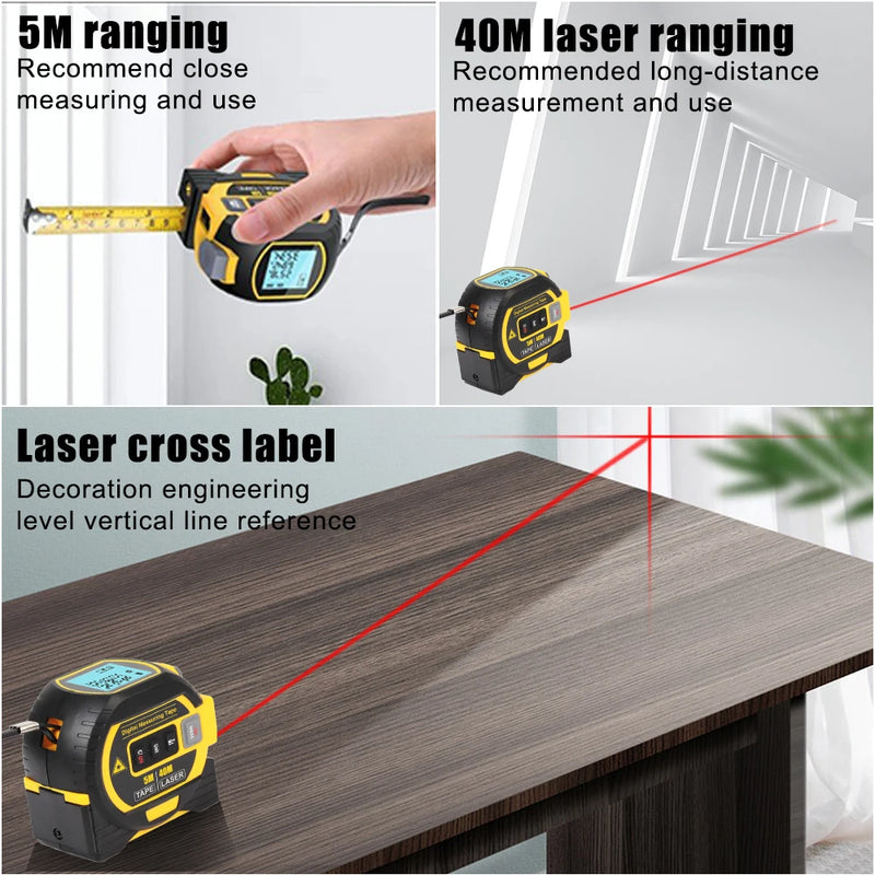 Trena - Telêmetro a laser com luz de fundo, fita métrica, display LCD, dispositivo de medição, medidor de distância, 5m, 3 em 1